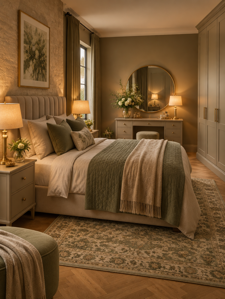A made-to-order bridal bedroom set in warm evening light